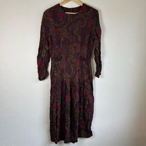 Vintage Midi Dress Womens Size M Multicolor Excellent Paisley Floral Long Sleeve